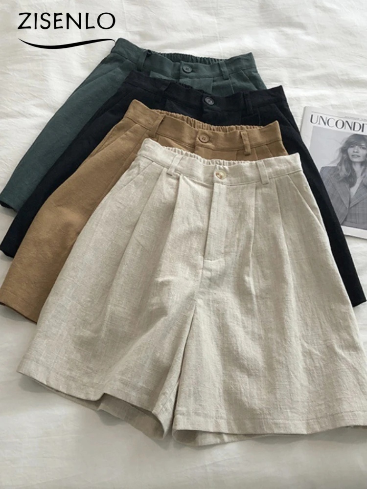 Casual Women's Shorts Summer Solid Color Breathable Cotton Linen Shorts Retro High Waist Thin Wide Leg Streetwear Woman Clothing