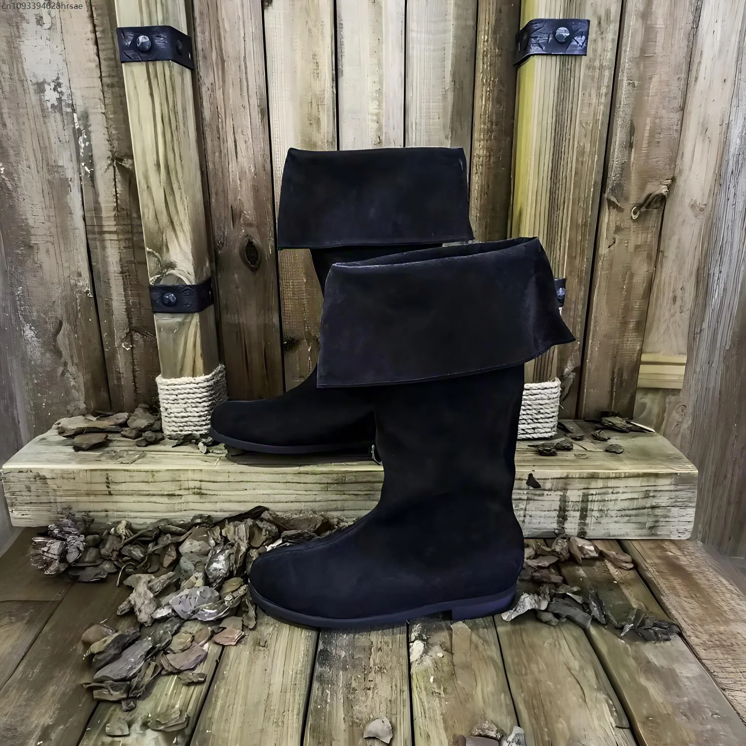 Men Medieval Fold Over High Leather Boots Vintage Renaissance Tall Shoes Pirate Cosplay Costume Footwear for Renaissance Party