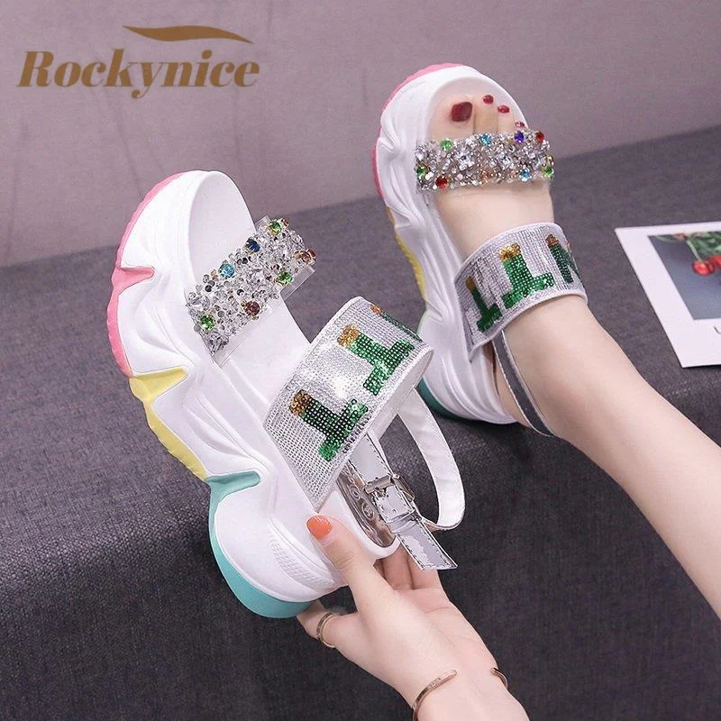 New 2023 Women Summer Wedge Sandals Transparent Crystal Chunky Platform Slippers Shoes Woman Rainbow Thick Bottom Sandalias