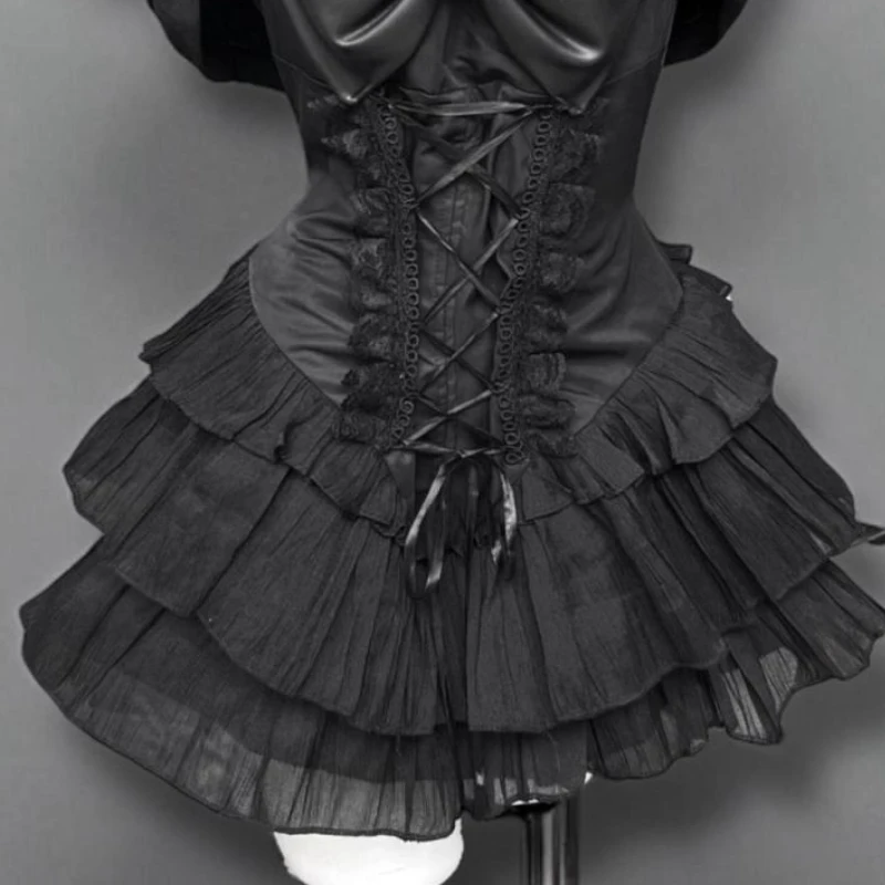 Japan Gothic Style Lolita Skirt Set Women Punk Black Short Cardigan Bow Lace Slash Darkly Dress Suit Female Y2k Slim 2 Piece Set