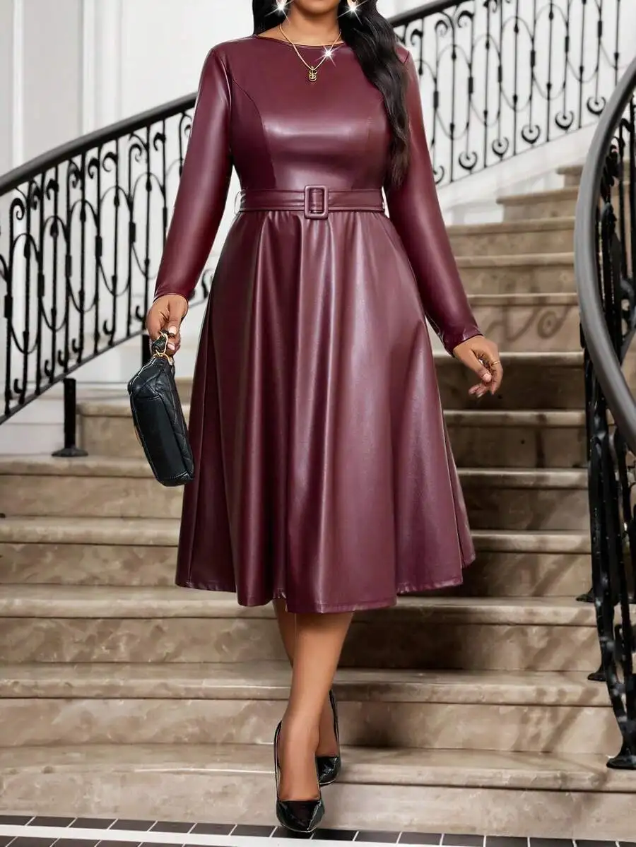 

Women's Burgundy Faux Leather A-Line Dress with Belted Waist and Long Sleeves
