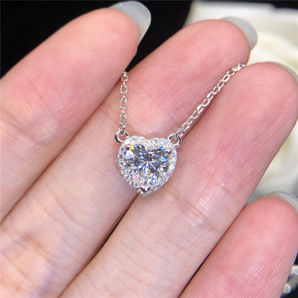 Popular Women White Gold Necklace 1CT Heart Moissanite Engagement Jewelry Real Gold AU585 Pendant Love Promise Gift For Girl