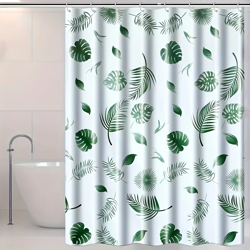 Tropical Banana Leaf Pattern Water-Resistant Bath Curtain - Jacquard Woven, Unlined, All-Season, Includes Hooks, Easy Line Dry,