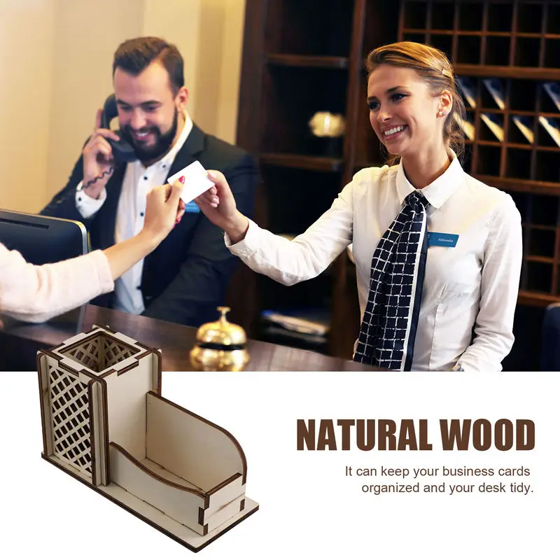 Wood Business Card Holder With Pen Slot Business Card Stand For Desk Wooden Display Office Tabletop