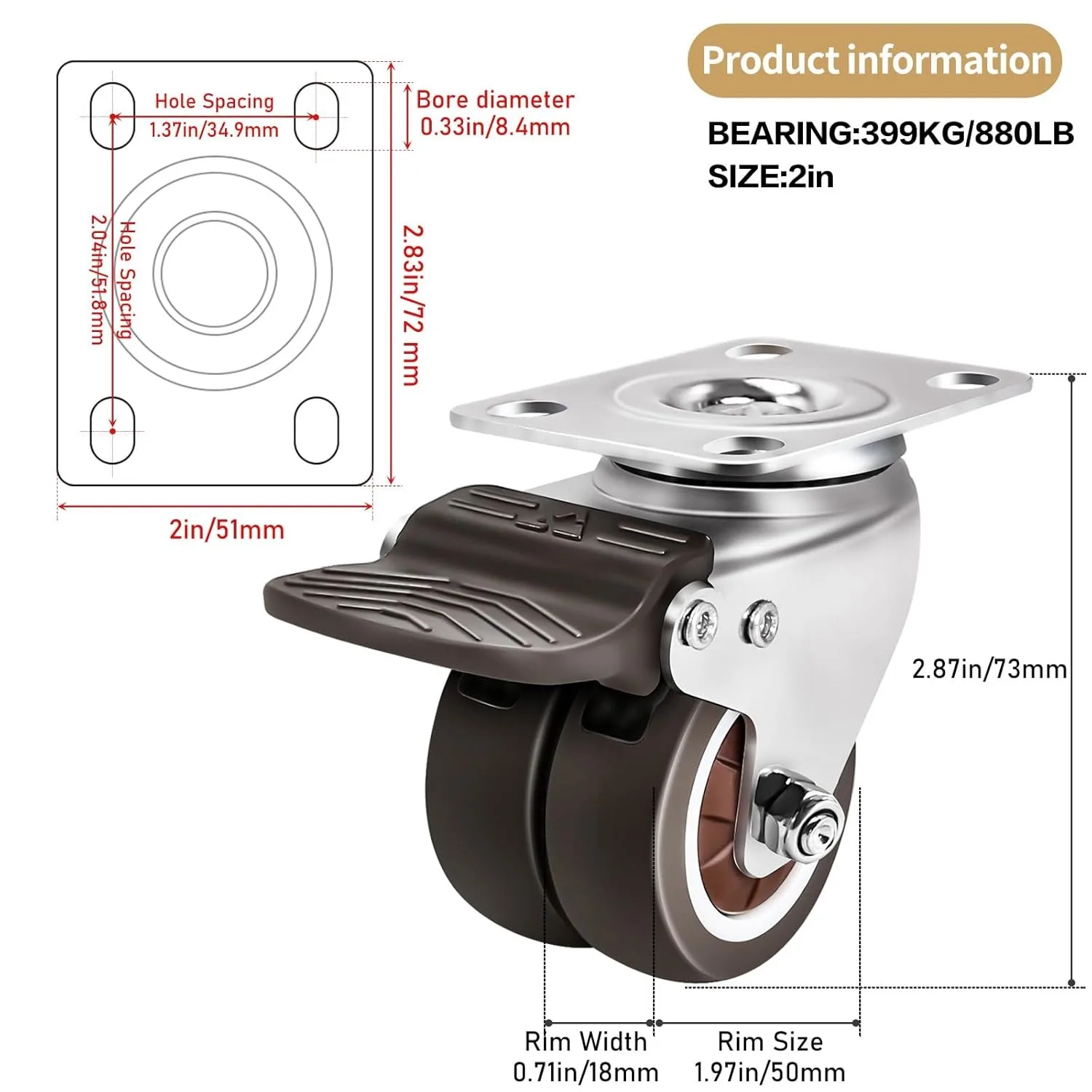2-inch TPR double wheel furniture Office chair flat bottom universal wheel with brake mute industrial