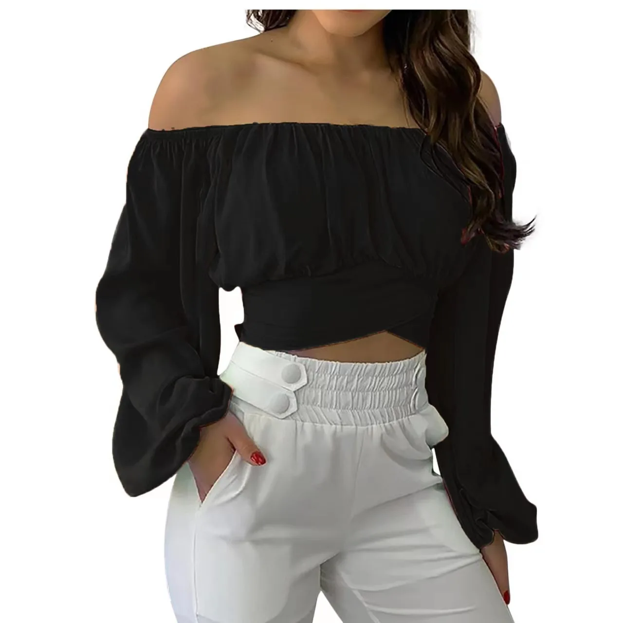 Women\'s Cute Off Shoulder Long Sleeve Self Tie Knot Crop Tube Top Blouse Summer Sexy Elegant Office Lady Shirt