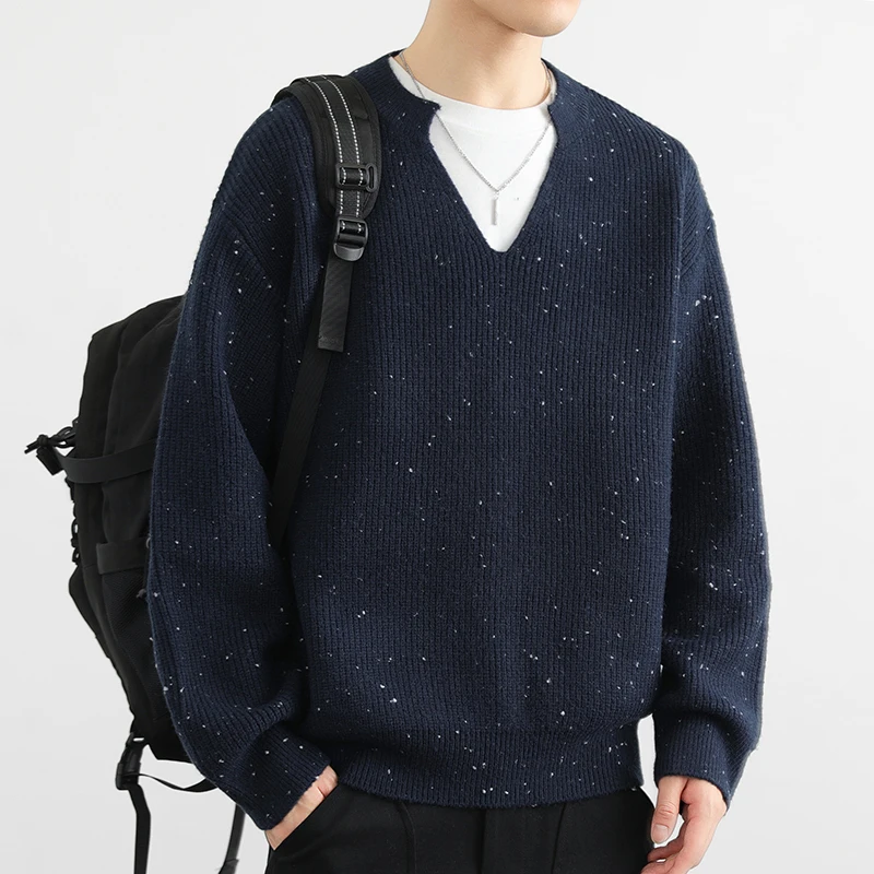 

Мужской вязаный свитер с V-образным вырезом, повседневный, свободного кроя, осенне-зимний, новый, в стиле ретро, модный, из смесового полиэстера и хлопка, удобный