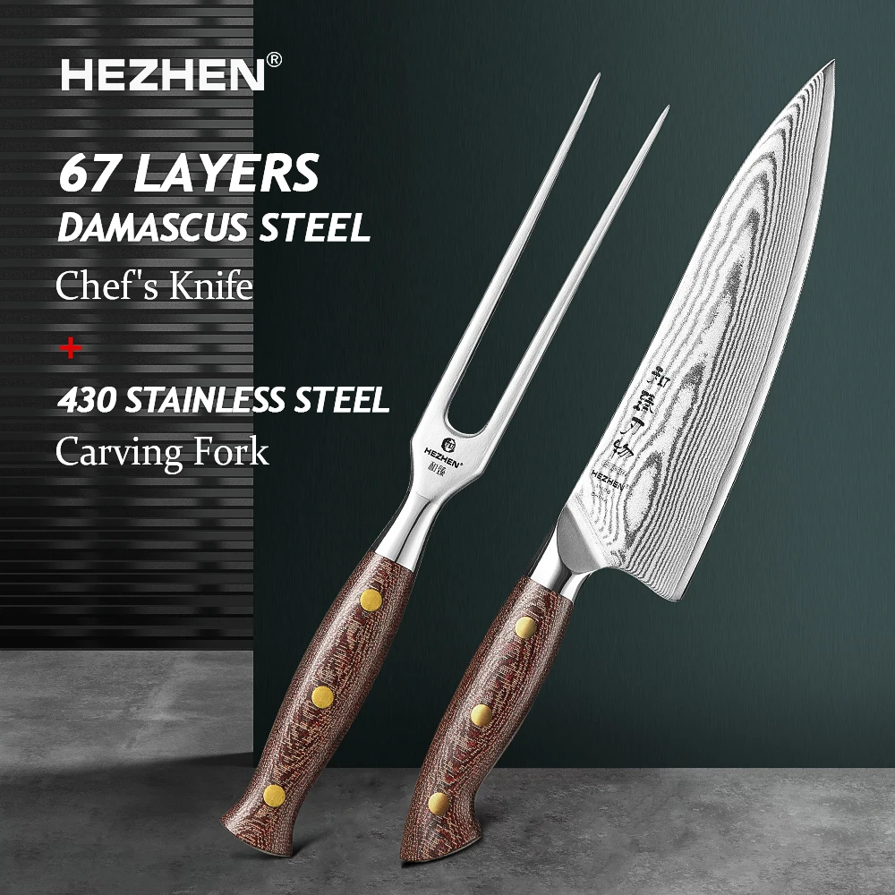 HEZHEN 2PC Chef Kitchen Knife Carving Fork Set 67 Layers Damascus Steel Beautiful Gift Box Micarta Handle Sharp Tools