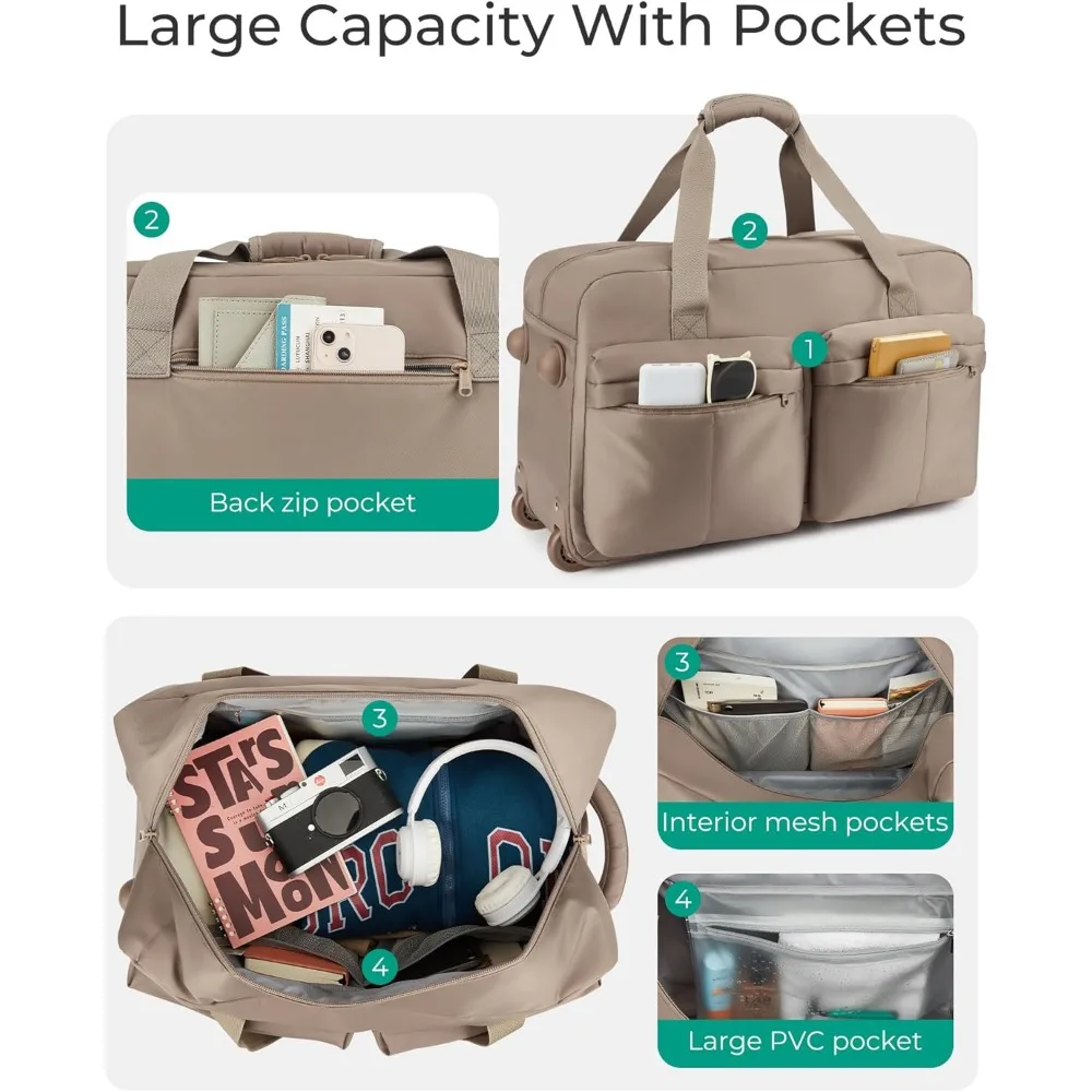 حقيبة حمل دوارة سعة 42 لترًا، من القماش الخشن للسفر مع عجلات ومقبض، ميزة الجيب الرطب للأمتعة #2