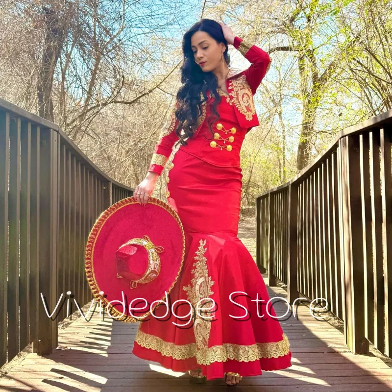 Vestidos de Noche de cola de pez rojos de estilo marroquí personalizados, chaqueta de manga larga, cola de pez, vestidos de fiesta mexicanos de dos piezas, batas de velada