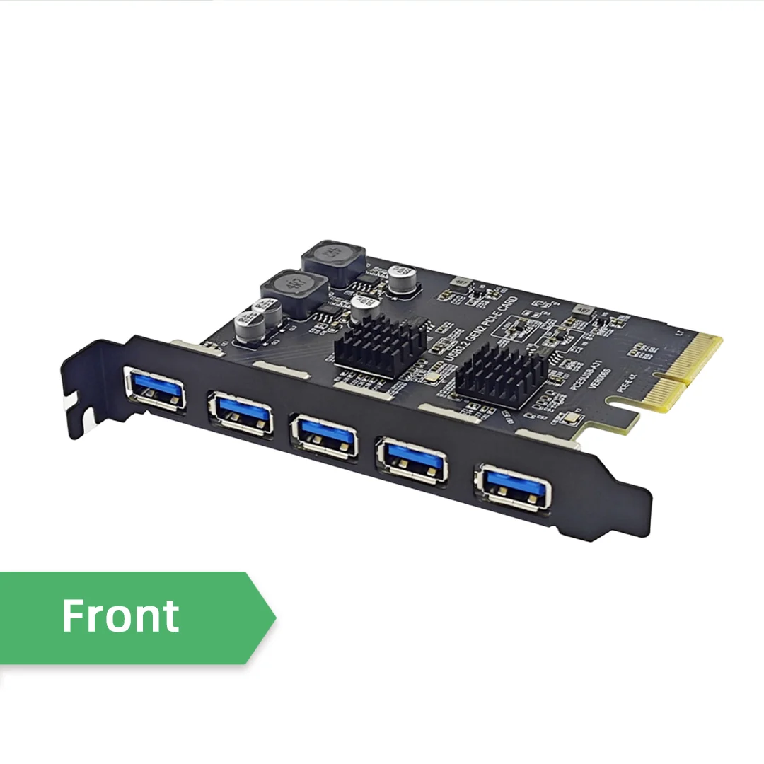 5 Ports USB3.2 Gen1 10Gbps PCI-E X4 Expansion Card ASM3142 Controller Multiple Type-A PCIe Add On Card Black Desktop Adapter