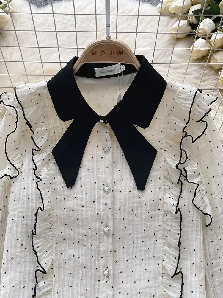 Women Spring Autumn Shirt Korean Polka Dot Shirt Sweet Wood Ear Edge Slim Fit Versatile Long Sleeve Top Chiffon Fashion D5365