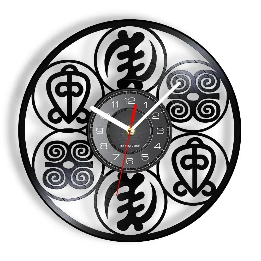 Ghana Adinkra Symbols Inspired Vinyl Record Wall Clock God Strength Power of Love African Home Decor Timepieces Vintage Watch