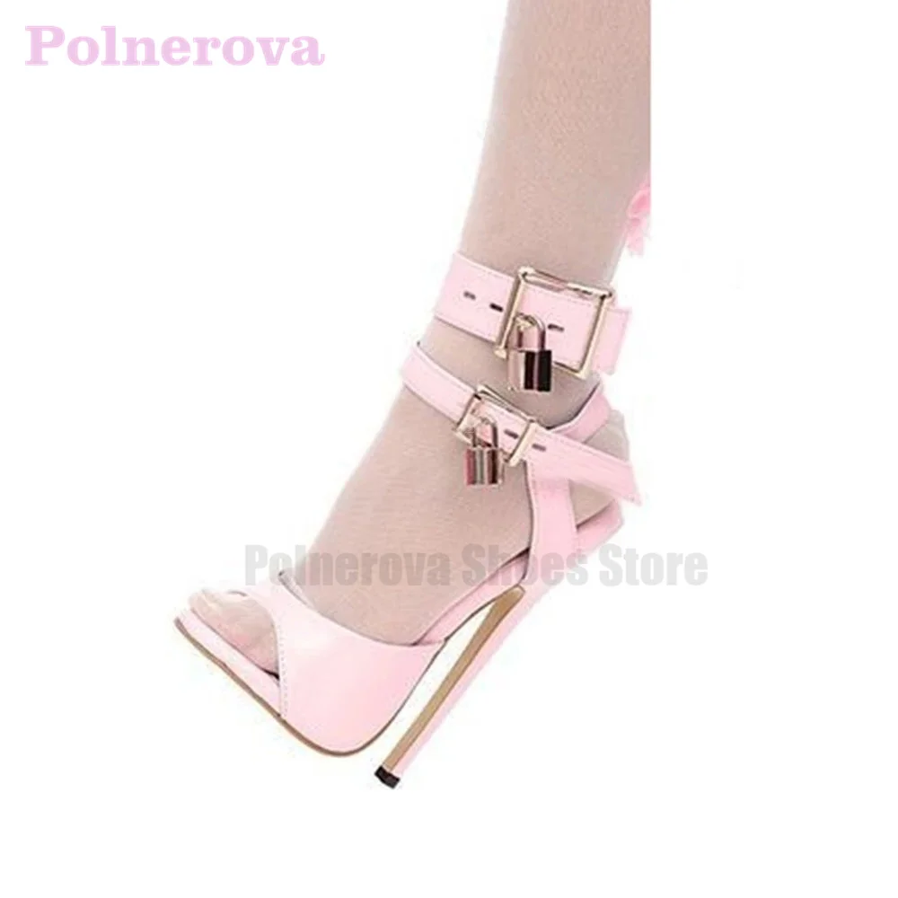 Lock Decor sandali con punta aperta in pelle rosa per donna fibbia alla caviglia tacchi alti a spillo scarpe stile conciso décolleté con tacco alto