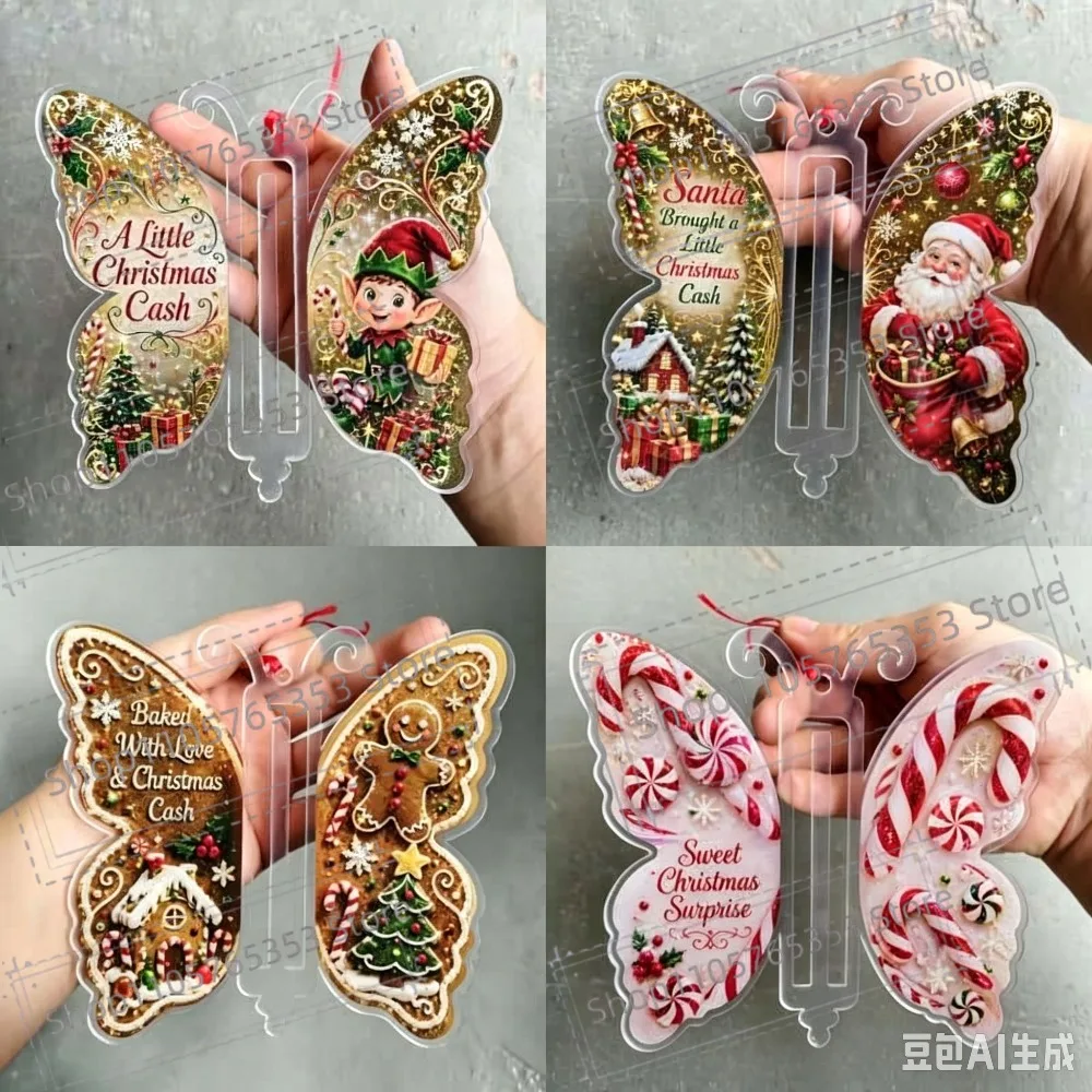2026 New Christmas Butterfly Shape Acrylic Money Clips Ornaments Santa Claus Snowman Reindeer Patterns New Year Cash Gifts