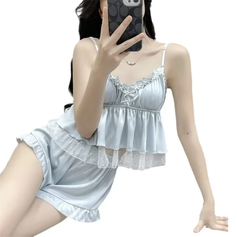 Summer New Female Pajamas Set Lace Sleepwear Sexy Suspender Cami Shorts Pijamas Suit Casual Satin Nightwear Home Clothes
