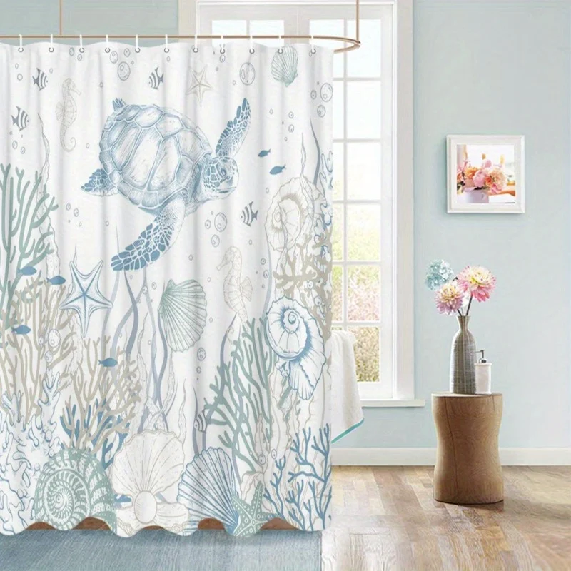 1 Summer Turtle Shower Curtain - Coastal Theme Undersea World Bathroom Decor, Polyester, with Turtle and Coral Pattern