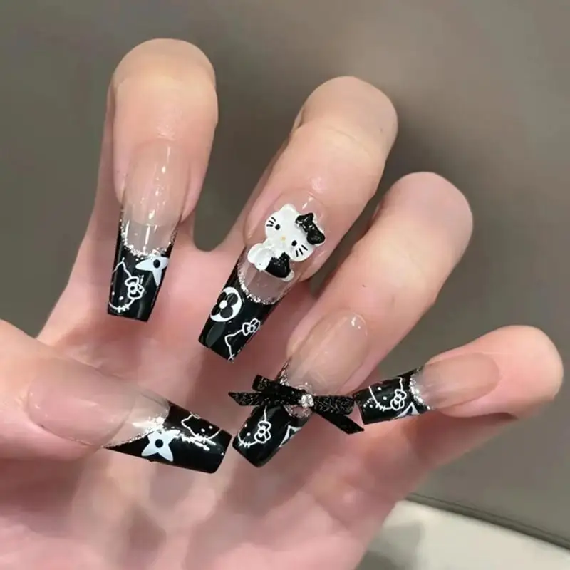 Black French Tips Hello Kitty Press On Nails 3D Bow Cute Nails Charms Design Coffin Nail Tips Full Cover Acrylic Nails Glitter