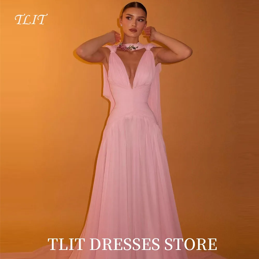 

TLIT Simple Baby Pink A-Line Long Evening Dress Saudi Arabic Women V-Neck Formal Party Gown Silk Chiffon Customized Dress