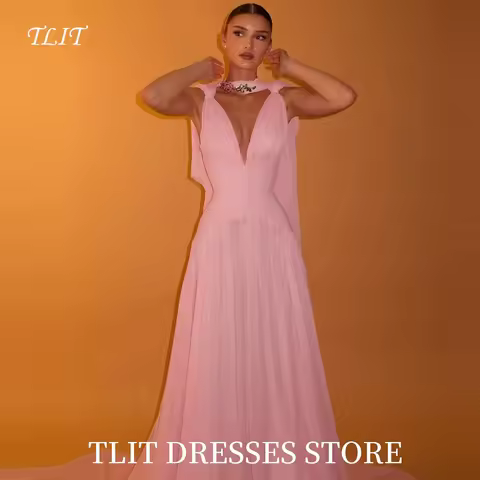 TLIT Simple Baby Pink A-Line Long Evening Dress Saudi Arabic Women V-Neck Formal Party Gown Silk Chiffon Customized Dress