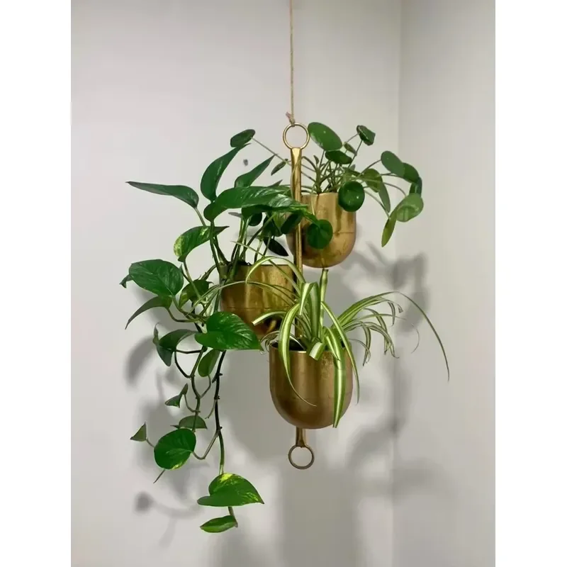 for Modern Gold Metal Hanging Planter Wall Mounted Indoor Plant Holder Decorative Triple Pot Vertical Garden Decor Durable