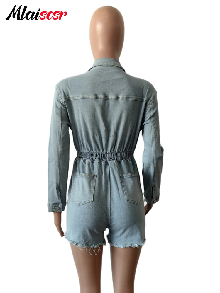 Mlaiscsr Denim Jumpsuit Shorts for Women Pockets Long Sleeve Ripped Zipper One Pieces Slim Playsuits Blue Jean Romper Outfits