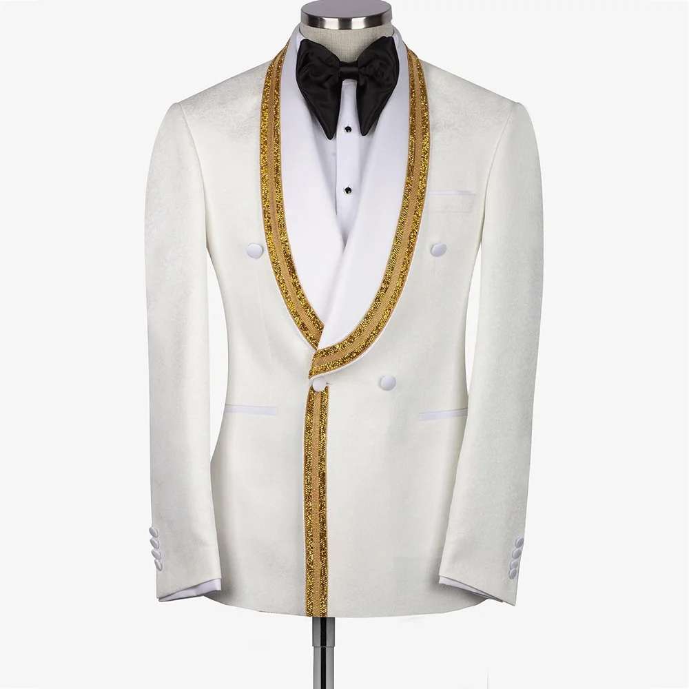 

White Suits Jacket For Men Shawl Lapel with Appliques Luxury Elegant Groom Gentleman Prom Party Wedding Blazer One Piece