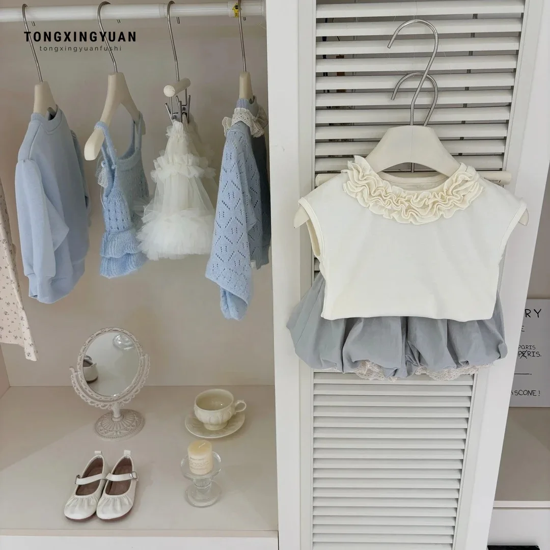 

2026 New Spring and Summer Girls Beige Lace T Lace Edge Bud Bloomers Two-piece Set Fashion