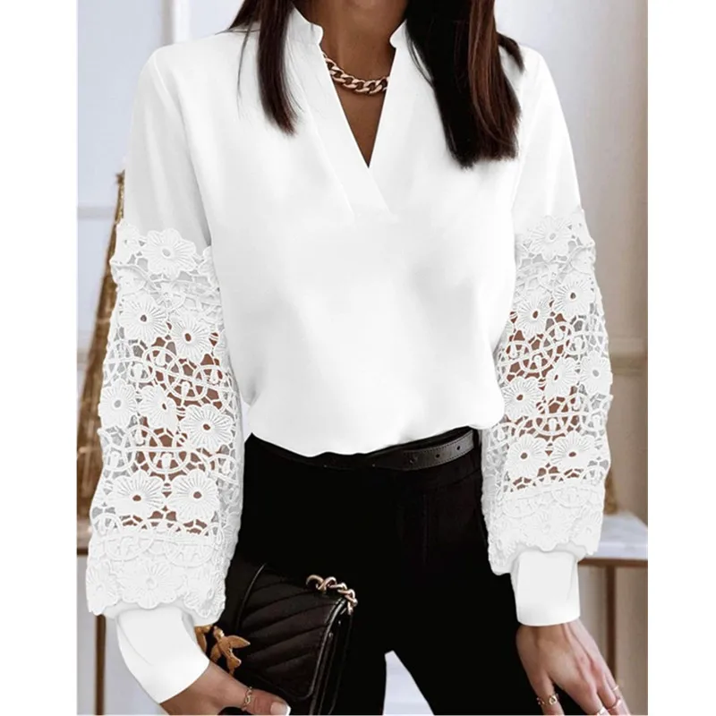 Autumn Winter New V-neck Long Sleeved Lace Shirt Women\'s Work Shirt Fashion Street Personality Shirt Lady Solid Color Blouse