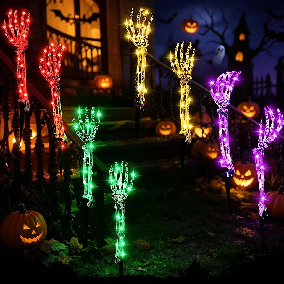 2/3pcs Solar Skeleton Hand & Head Stake Lights LED Halloween Party Yard Graveyard Spooky Outdoor Decor Ground Insert Lamp