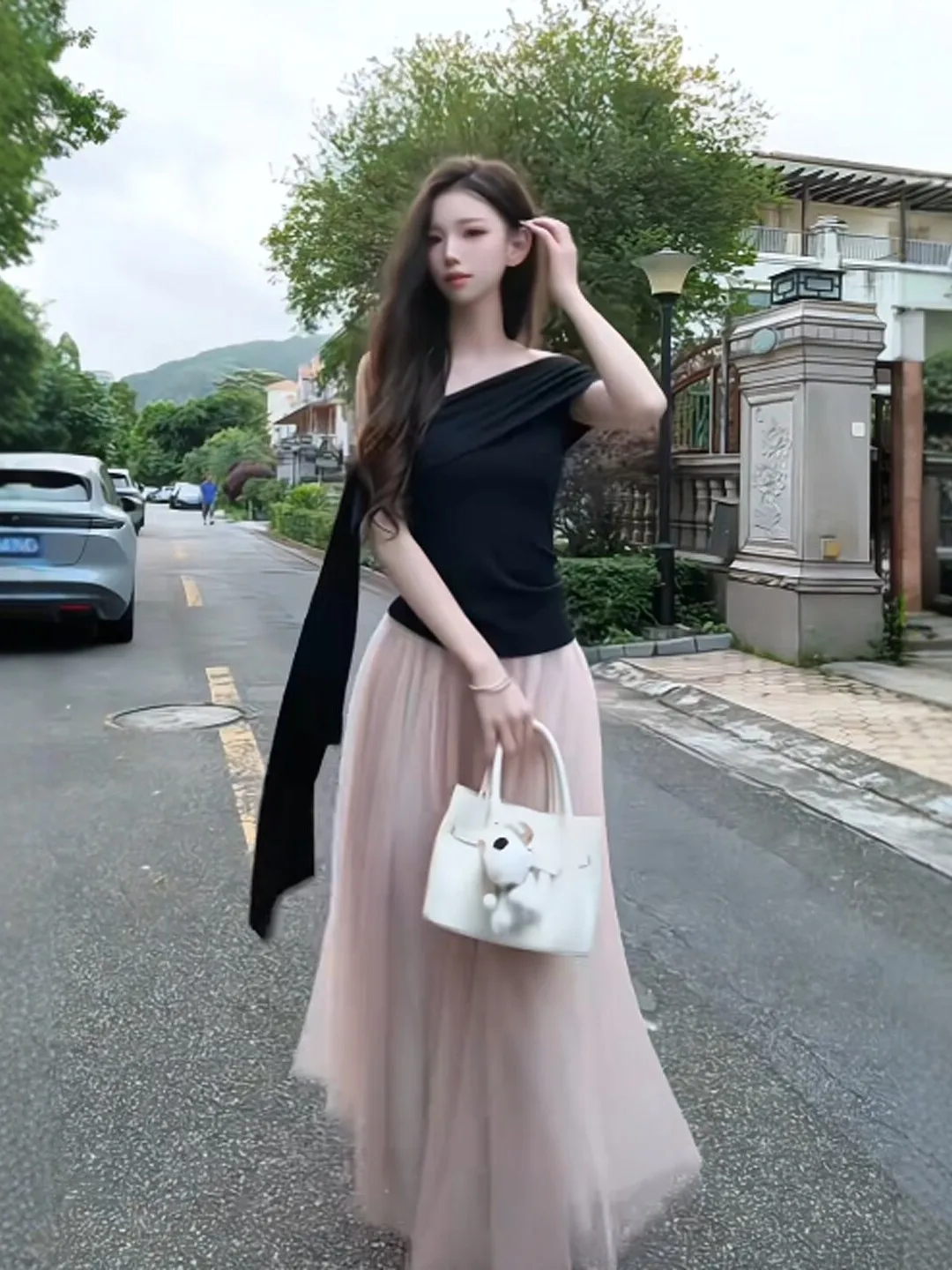 

French Style One Shoulder Mesh Skirt Set Gentle Wind Design Summer Fashion Two Piece Suit Comfortable Breathable Casual Wear