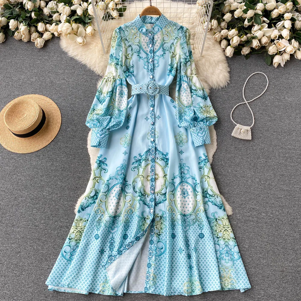 

Ethnic Vintage Print Maxi Dress Elegant Princess Mixi Dress Belted Women's Clothing Autumn Court Style Female Vestidos