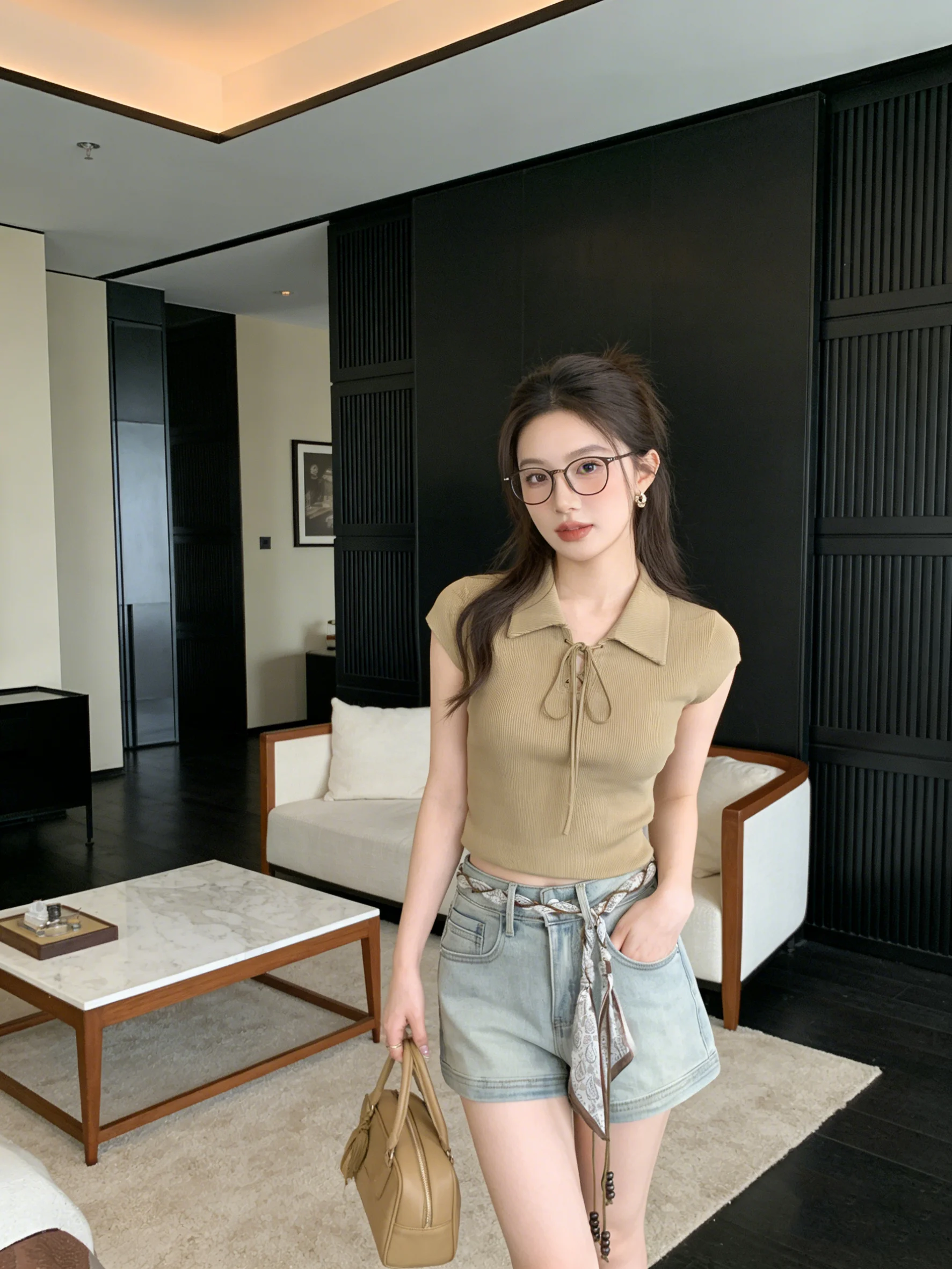 

Retro High Waist Denim Shorts with Silk Scarf Belt Youthful Slimming Hot Pants Fashionable Casual Korean Style Summer