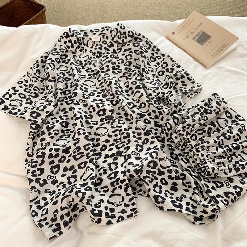 New Spring Summer Women's Pajamas Set Sleepwear Homewear Leopard Print Short Sleeve Button Up Ladies Soft 2 Piece Pajamas Set