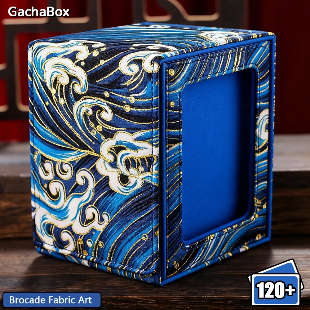 ​Japanese Style Blue Wave Woven Brocade Deck Box, Can Hold 120 + Single sleeved Cards, Magnetic Closure for TCG Card Storage​