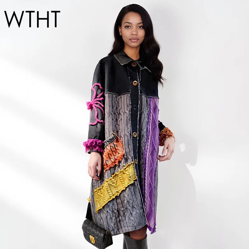 

WTHT 2025 Winter Fashion Women's Knit Contrast Color Patchwork Knit Long Coat Trendy Lapel Single Breasted Jacket Female 1LS2683