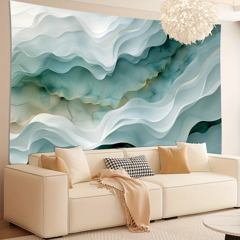 Abstract Fluid Art Tapestry Wall Hanging, Teal and White Wave Pattern with Gold Veins, Modern Home Decor for Living Room Bedroom