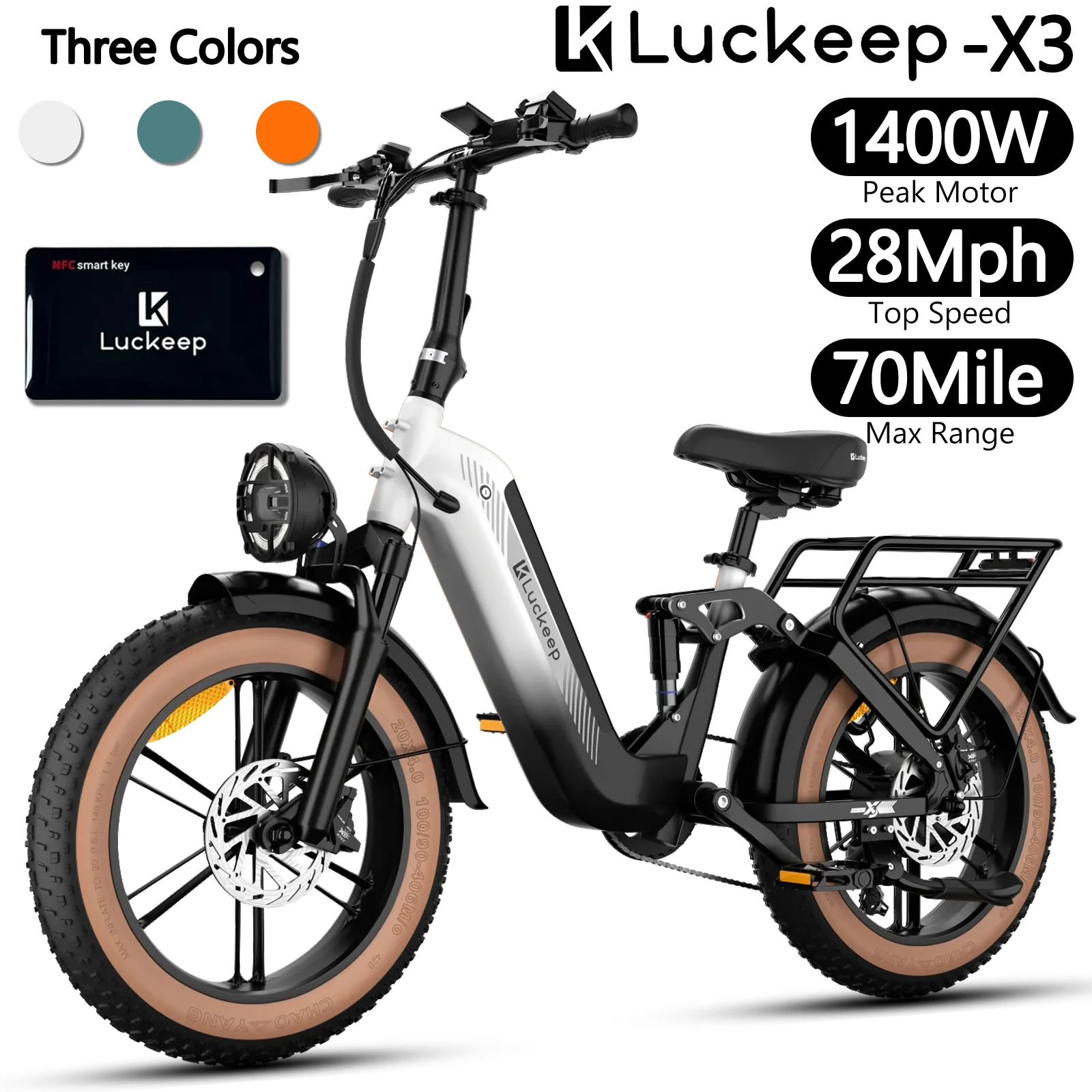 

Электрический велосипед Luckeep X3, 20 дюймов, 1400 Вт, 28 миль в час, 70 миль, электрический велосипед с вездеходными шинами, 48 В, 20 Ач, унисекс для взрослых, новинка