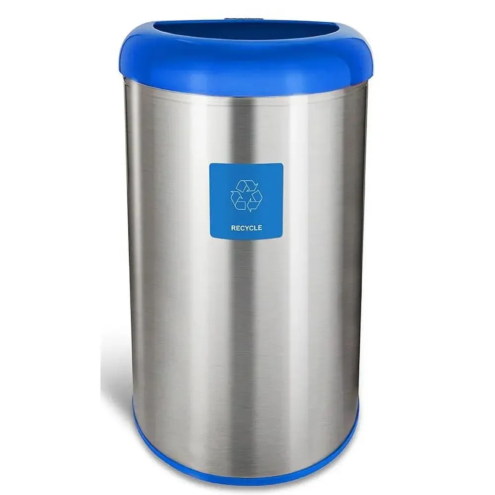 Open Top Trash Can 13.2 Gal Stainless Steel with Blue Trim Recycle Magnet Fingerprint-Resistant