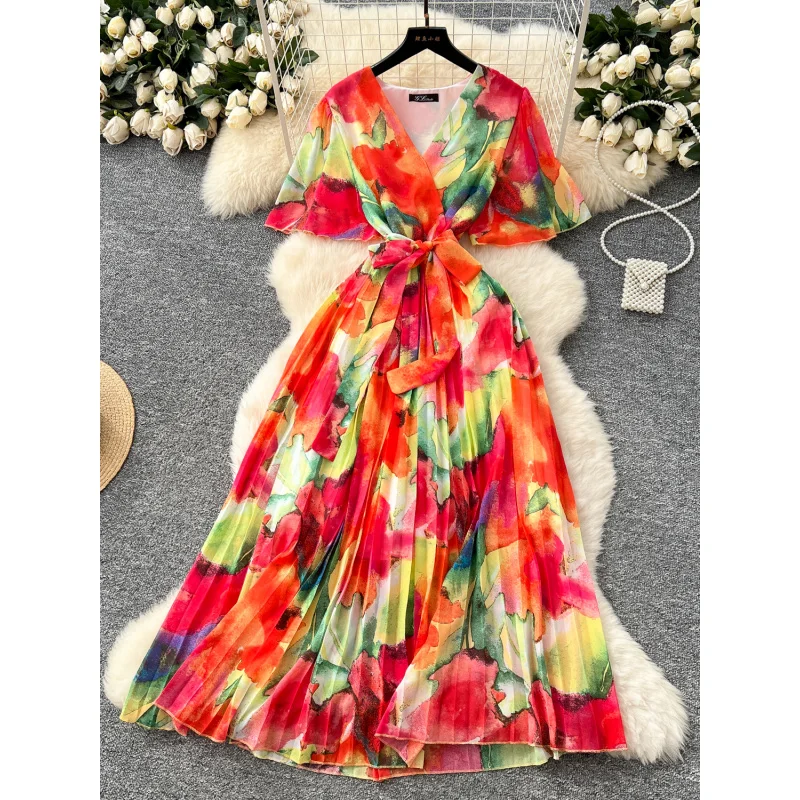 Boho feminino verão bandagem com decote em v floral impressão chiffon vestido longo ins casual plissado praia vestidos de férias elegante túnica