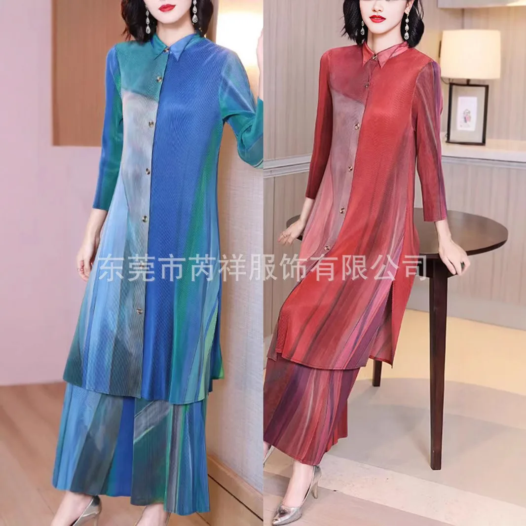 

Комплект плиссированных брюк Miyake Plisse из двух частей со складками2025, весенне-летний новый женский комплект со складками, большие размеры, женская одежда со складками