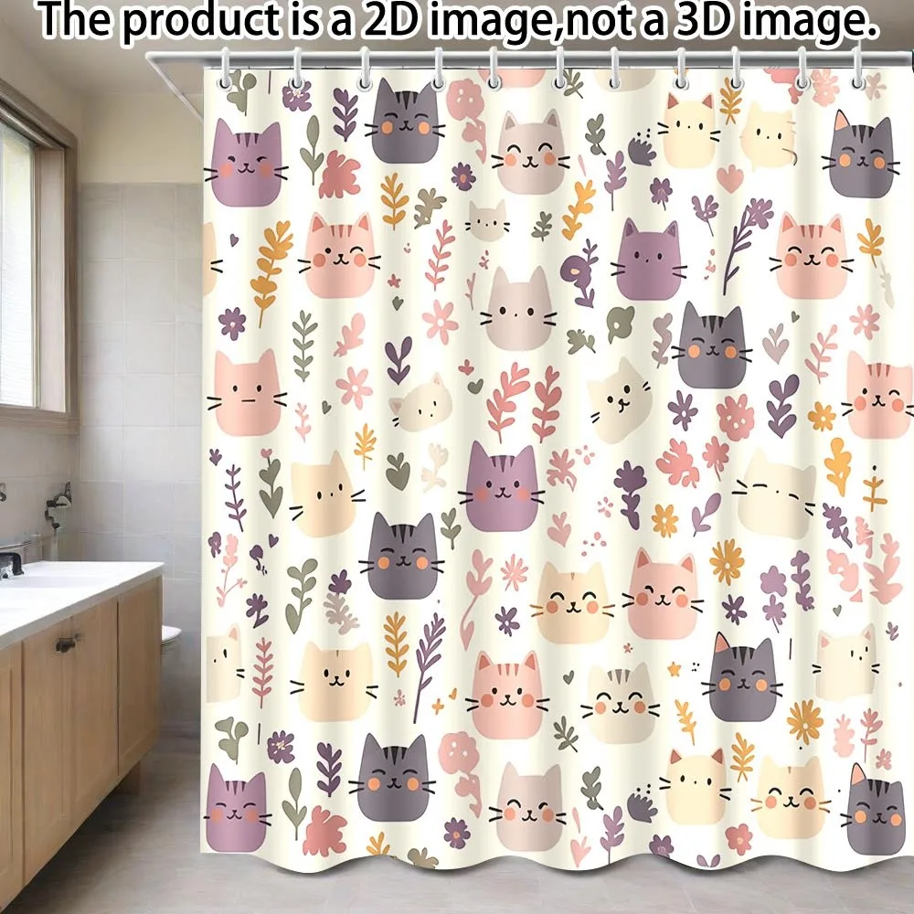 かわいい猫のシャワーカーテン、漫画の動物と花柄プリント、パステルカラーの可愛いバスルーム装飾、防水生地のバスルーム用パネル