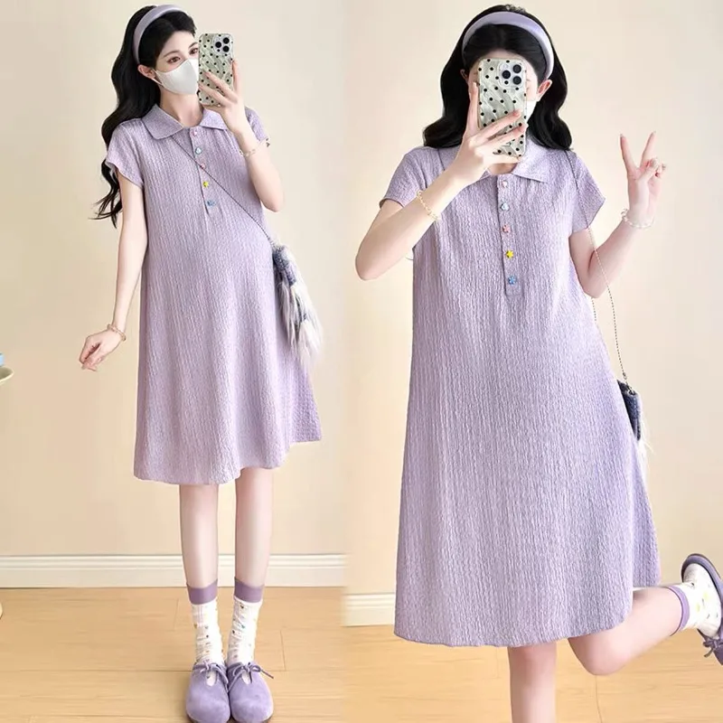 Summer New Maternity Dress with Loose Neck, Belly-Covering, Slimming Short Sleeve for Trendy Moms, Women's Summer Wear