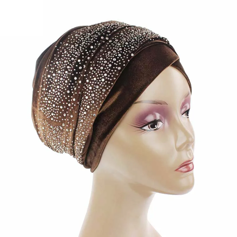 Women Velvet Muslim Wrapped Head Turban Scarf  Hat Long Tail Style Elegant Female Head Wraps Solid Color Party Turban Headwear