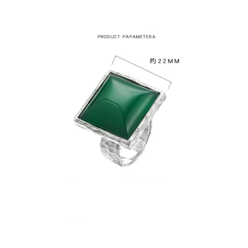 really S925 Pure Silver Hammer Natural Square Green Agate Exaggerated Ring Retro Luxury High-end T ü rkiye Handmade Jewelry