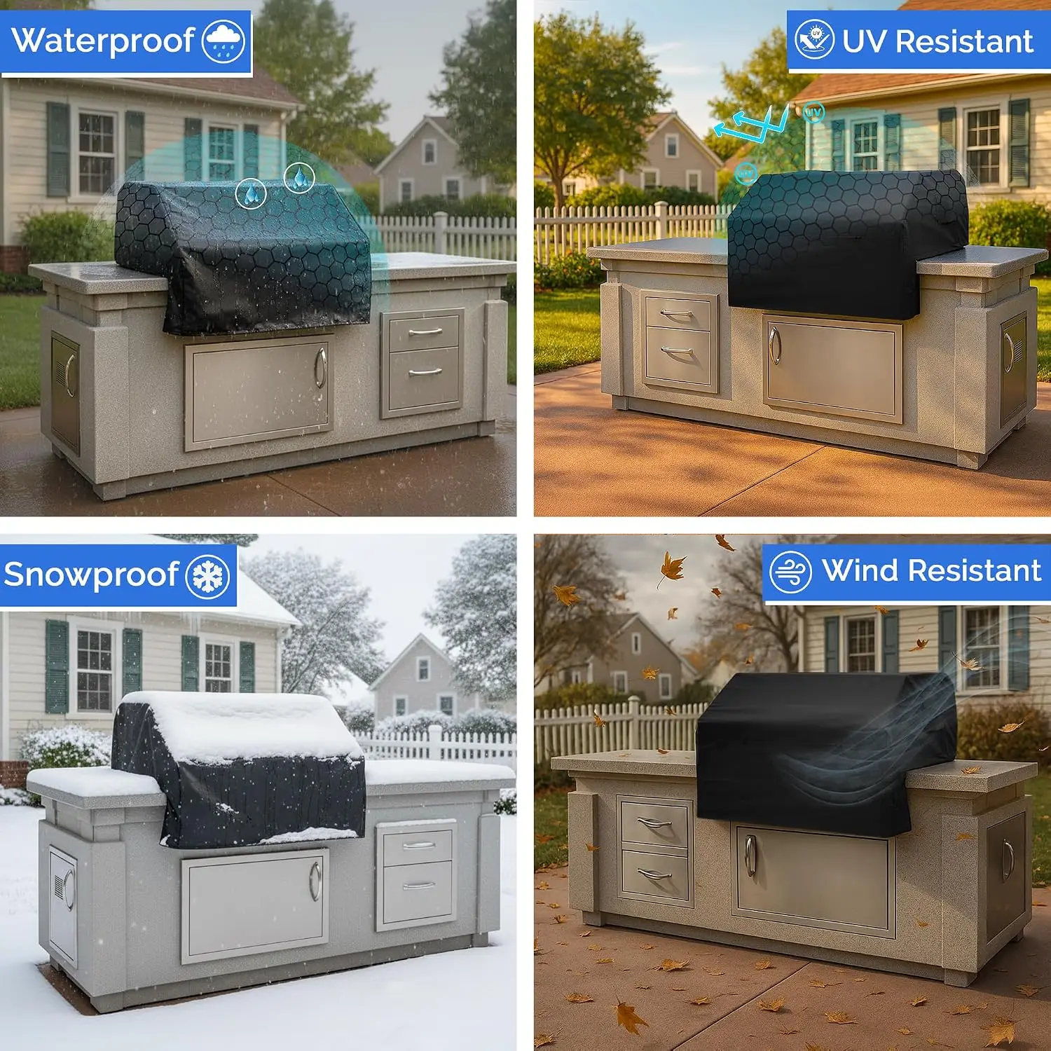 Heavy Duty 18 oz Waterproof Built-in BBQ Grill Cover with Air Pocket Ventilation, PVC-Coated Polyester, Elastic Hem & Built-in Handles for Snug Fit