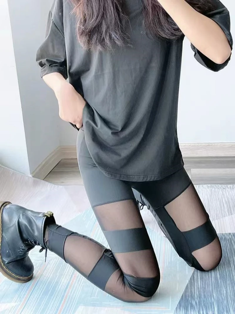 Damen-Mesh-Leggings, modische getäfelte Stretch-Leggings, sexy Leggings, 2024, neu