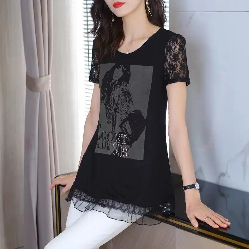 Casual Short Sleeve Elegant Lace Patchwork T-shirt Women\'s Clothing Fashion Printed Diamonds Summer Loose O-Neck Midi Pullovers