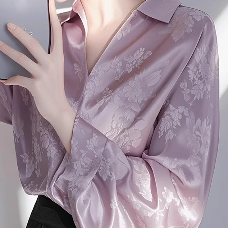 Women's Long Sleeve Shirt, Purple Satin Jacquard Pullover, Spring Autumn Loose Blouses Shirt, Fashion Blouse, Unique Beautiful