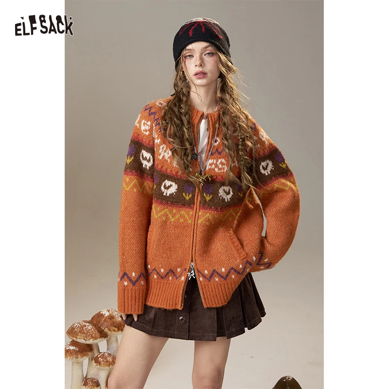 

ELFSACK 2025 Winter New Arrivals Casual Bohemian Color Block Print Oversize Cardigan For Woman